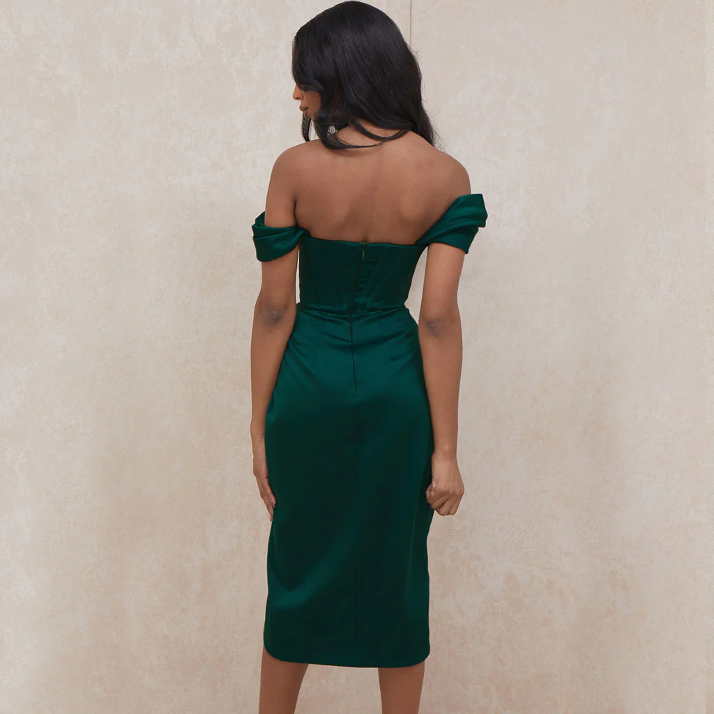 Glossy Satin Off Shoulder Draped Corset Cocktail Midi Dress - Emerald Green - Image 3