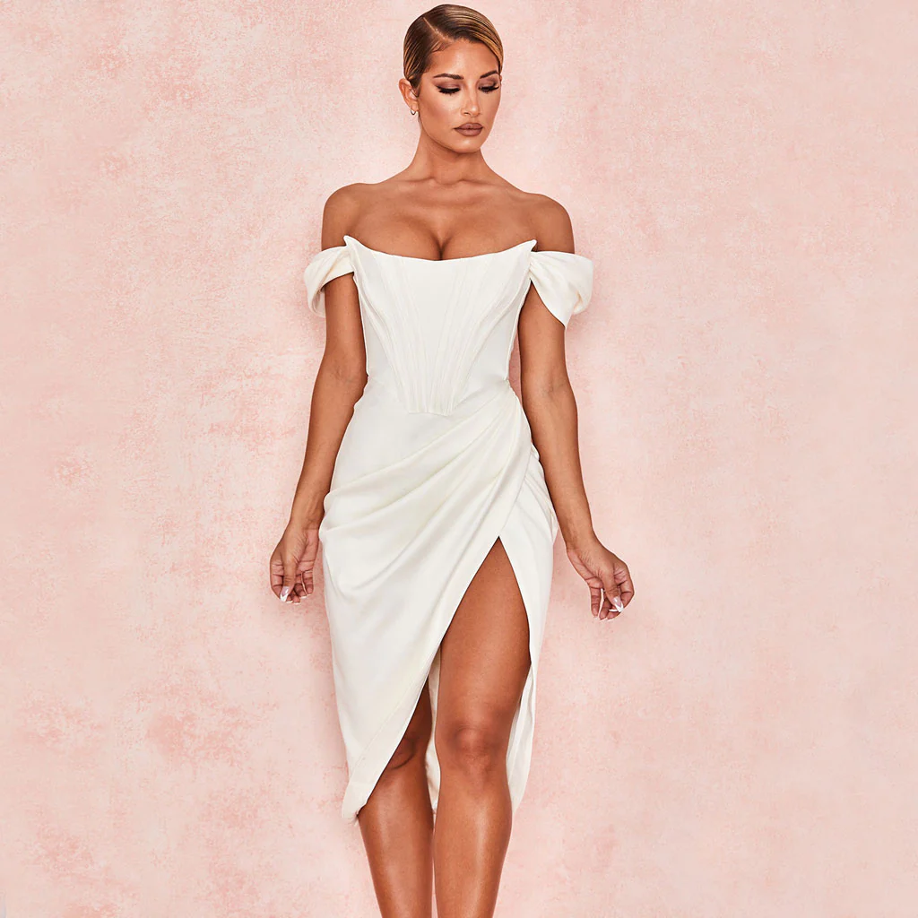 Glossy Satin Off Shoulder Draped Corset Cocktail Midi Dress - White - Image 2