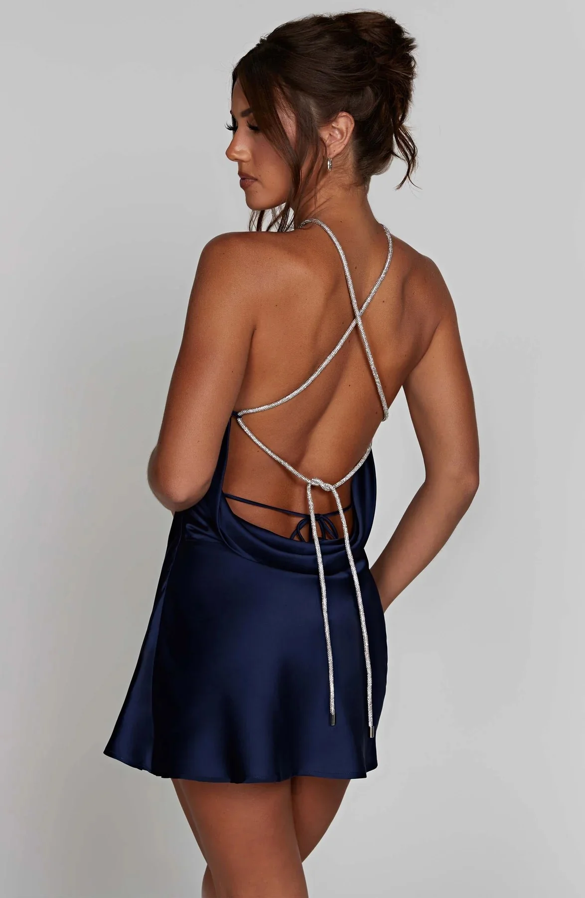 Glossy Satin Rhinestone Mini Dress - Image 6