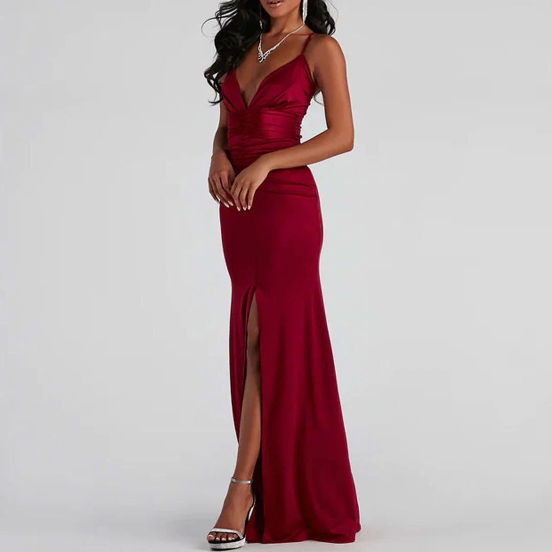 Glossy Satin Ruched Deep V High Slit Backless Maxi Dress - Red - Image 2