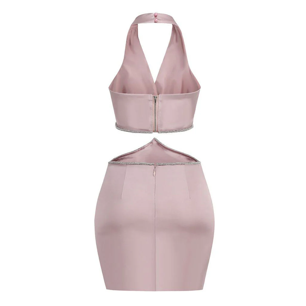 Glossy Satin Ruched Halter V Neck Sleeveless Crystal CutOut Mini Party Dress - Image 2
