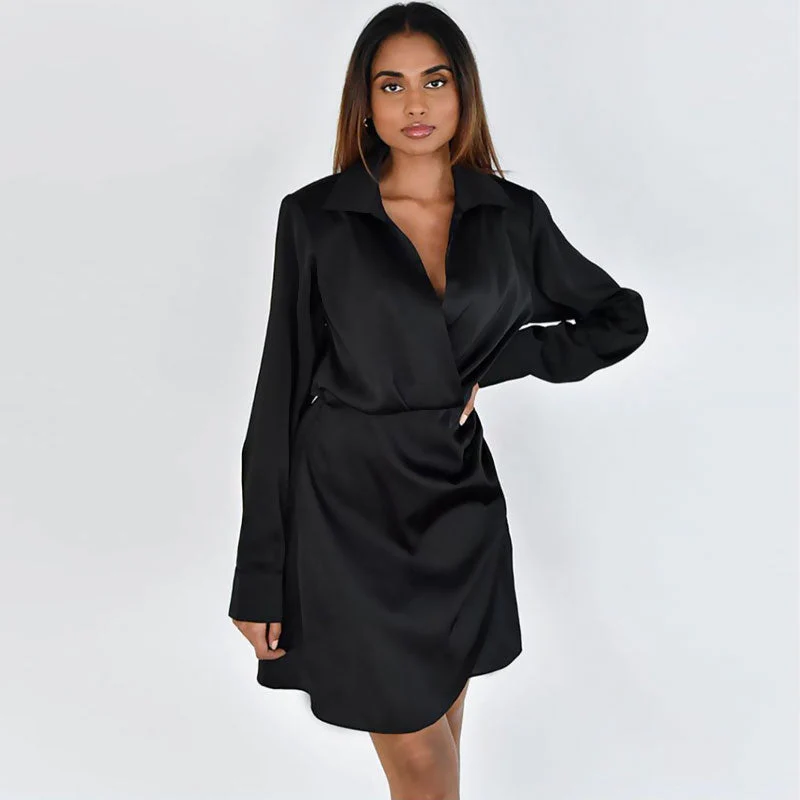 Glossy Satin Ruched Spread Collar V Neck Long Sleeve Shirt Mini Dress - Black - Image 2