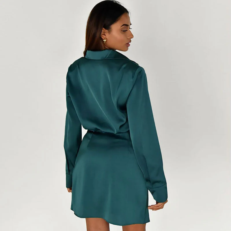 Glossy Satin Ruched Spread Collar V Neck Long Sleeve Shirt Mini Dress - Teal Green - Image 2
