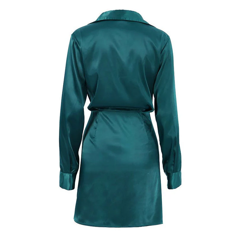Glossy Satin Ruched Spread Collar V Neck Long Sleeve Shirt Mini Dress - Teal Green - Image 4