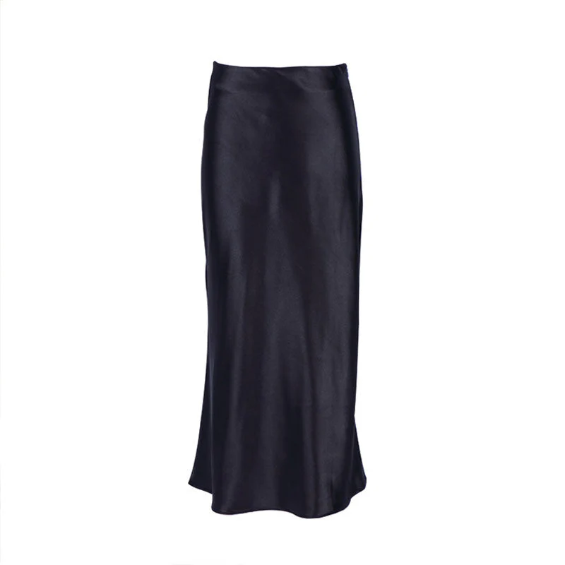 Glossy Satin Side Zipper Fishtail High Waist Trim Midi Skirt - Black - Image 2