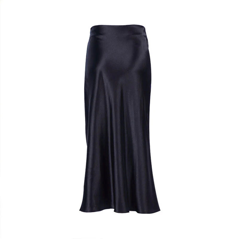 Glossy Satin Side Zipper Fishtail High Waist Trim Midi Skirt - Black - Image 3