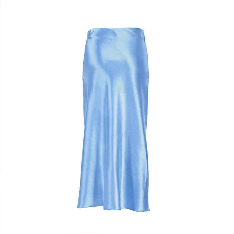 Glossy Satin Side Zipper Fishtail Trim High Waist Midi Skirt - Blue - Image 4