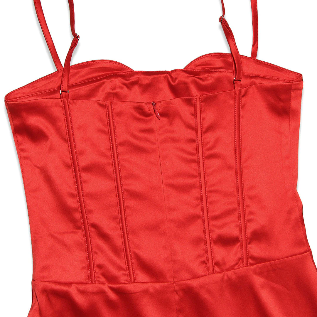 Glossy Satin Solid Color Sleeveless Corset Evening Maxi Dress - Red - Image 4
