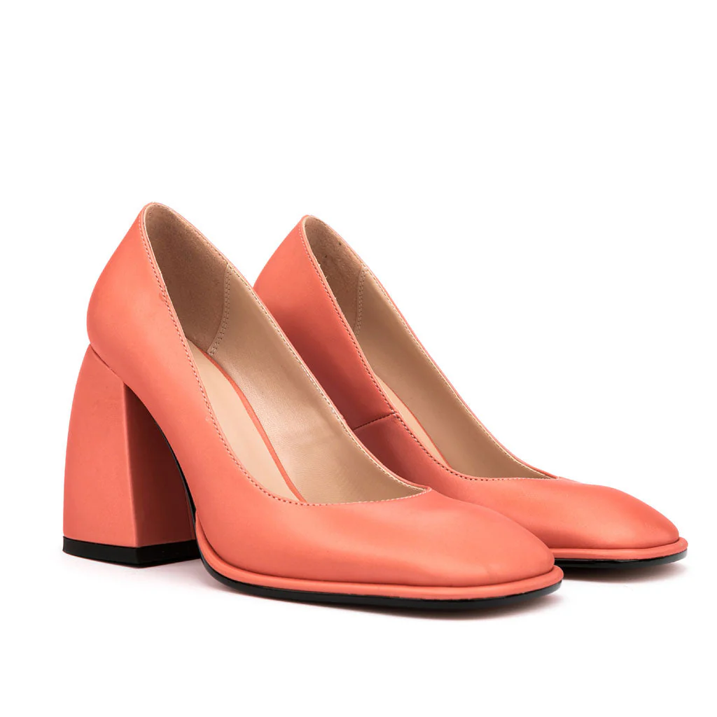 Glossy Satin Square Toe Geometric Heeled Pumps - Coral - Image 2