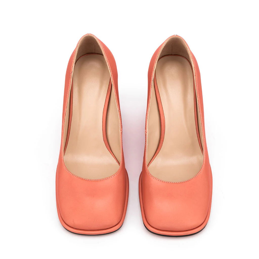 Glossy Satin Square Toe Geometric Heeled Pumps - Coral - Image 3