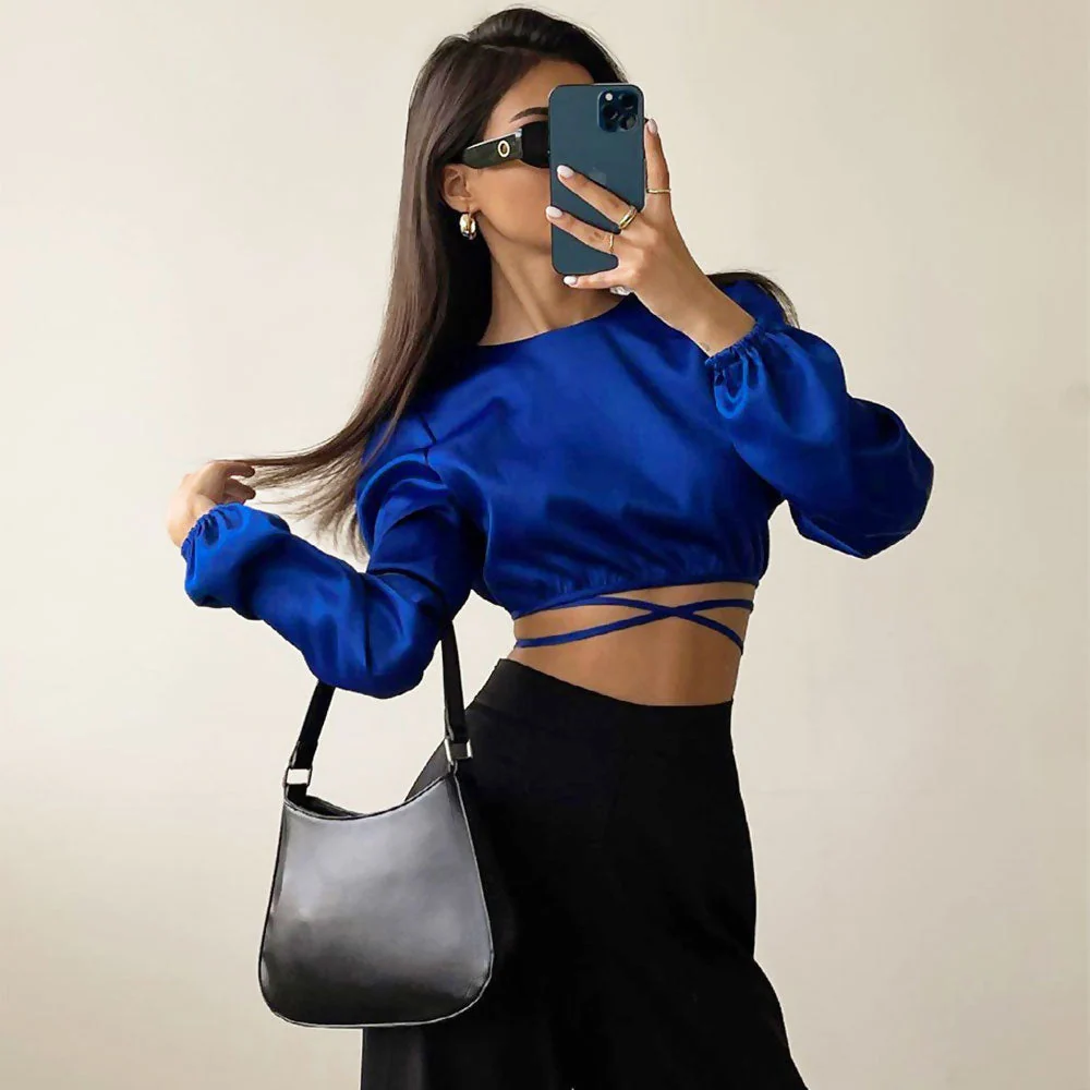 Glossy Satin Tie String Long Sleeve Crew Neck Wrapped Crop Top - Royal Blue - Image 2