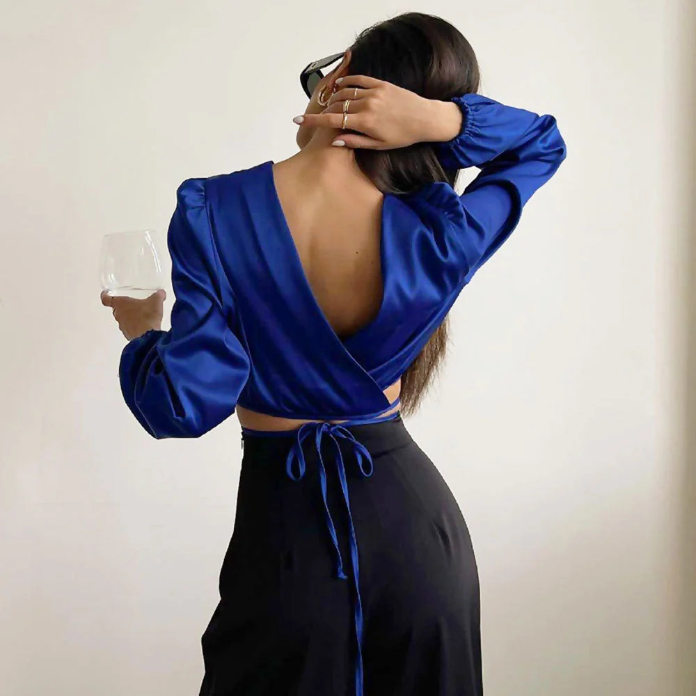 Glossy Satin Tie String Long Sleeve Crew Neck Wrapped Crop Top - Royal Blue - Image 3