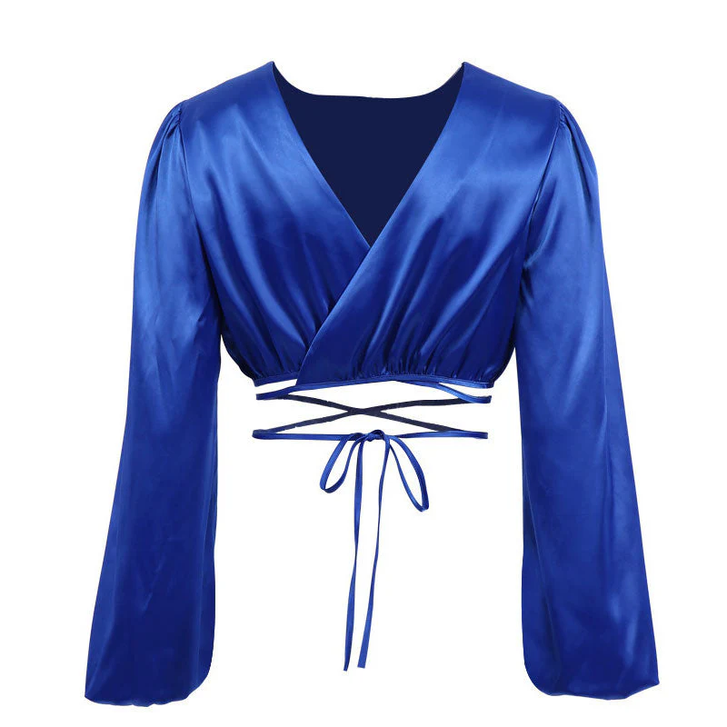 Glossy Satin Tie String Long Sleeve Crew Neck Wrapped Crop Top - Royal Blue - Image 4