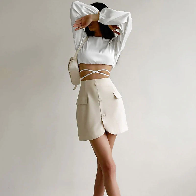 Glossy Satin Tie String Long Sleeve Crew Neck Wrapped Crop Top - White - Image 2
