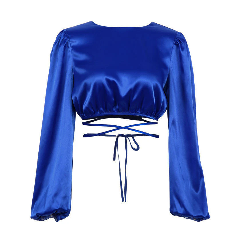 Glossy Satin Tie String Long Sleeve Crew Neck Wrapped Crop Top - White - Image 3