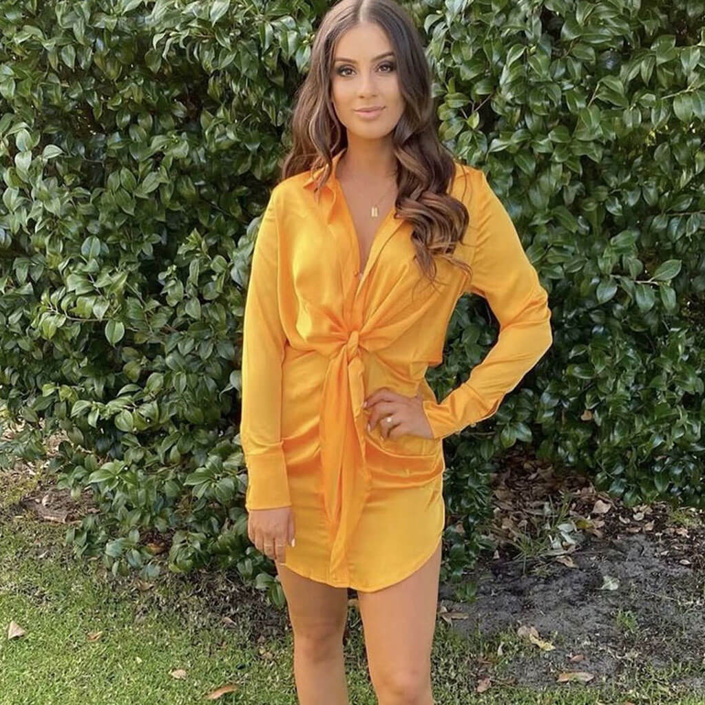 Glossy Satin V Neck Knotted Long Sleeve Satin Shirt Mini Dress - Gold - Image 2