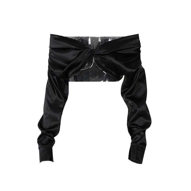 Glossy Twist Detail Off Shoulder Long Sleeve Crop Top - Black - Image 2
