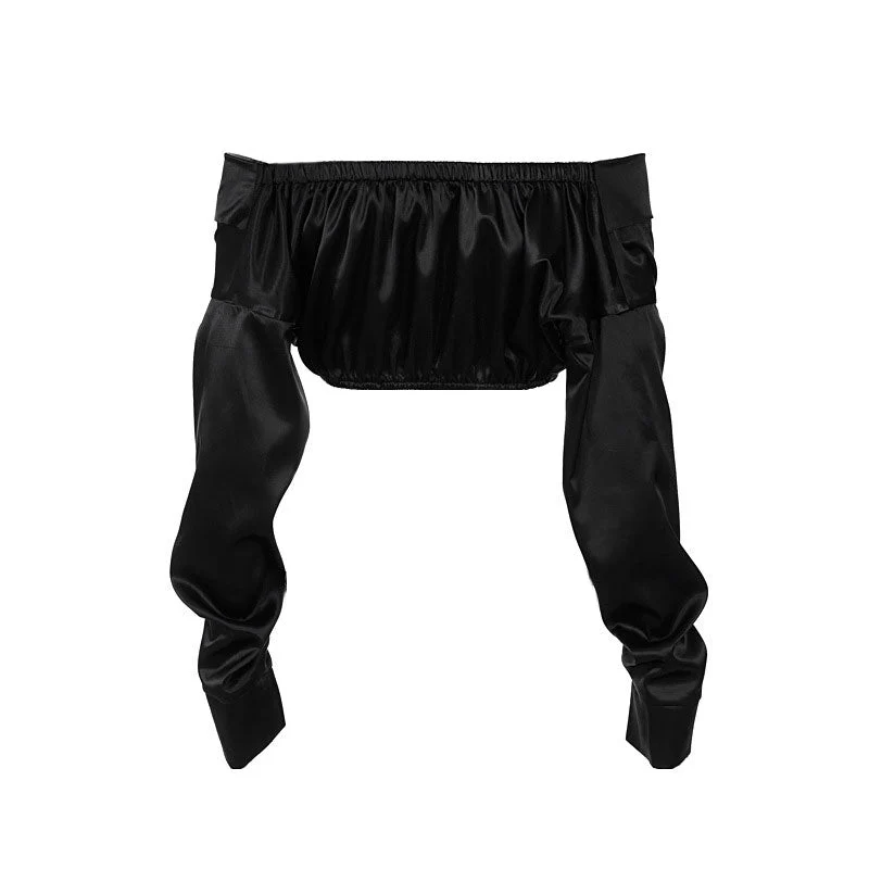 Glossy Twist Detail Off Shoulder Long Sleeve Crop Top - Black - Image 3