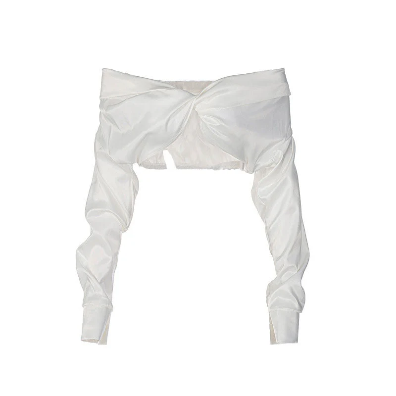 Glossy Twist Detail Off Shoulder Long Sleeve Crop Top - White - Image 2