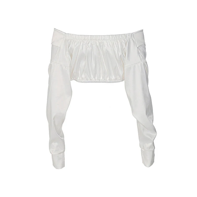 Glossy Twist Detail Off Shoulder Long Sleeve Crop Top - White - Image 3