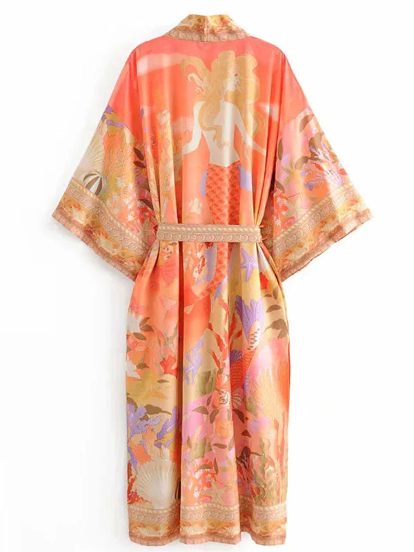 Floral Partywear Cotton Silk Kimono Orange Color Cotton Long Length Gown Robe Kimono - Image 2