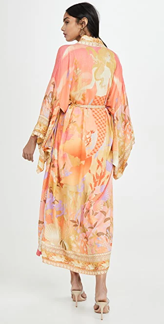 Floral Partywear Cotton Silk Kimono Orange Color Cotton Long Length Gown Robe Kimono - Image 4