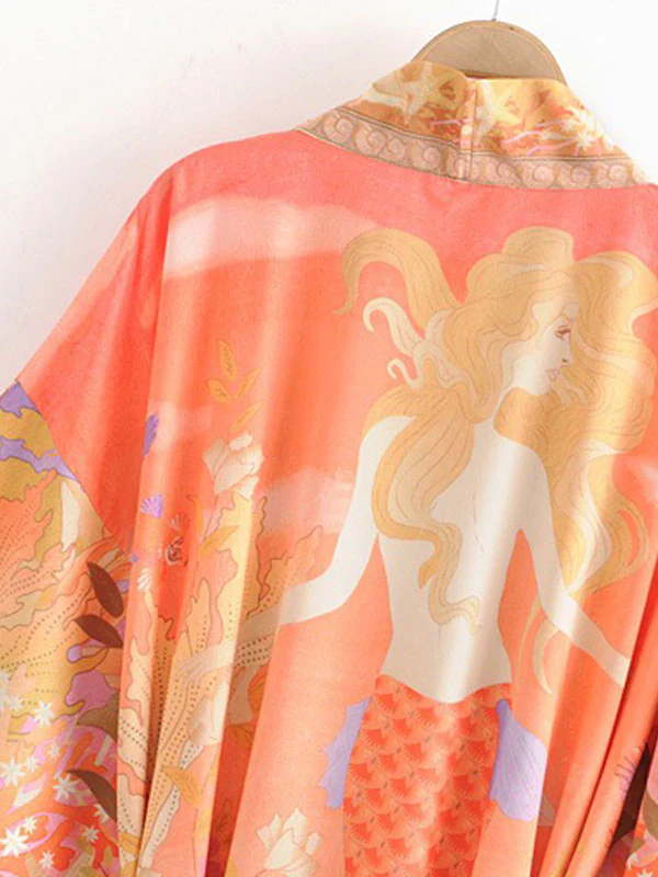Floral Partywear Cotton Silk Kimono Orange Color Cotton Long Length Gown Robe Kimono - Image 7