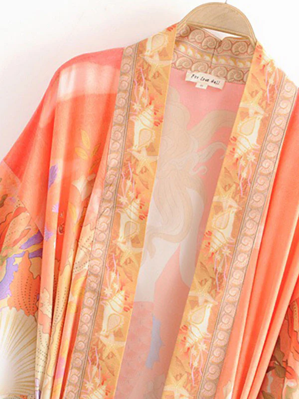 Floral Partywear Cotton Silk Kimono Orange Color Cotton Long Length Gown Robe Kimono - Image 8