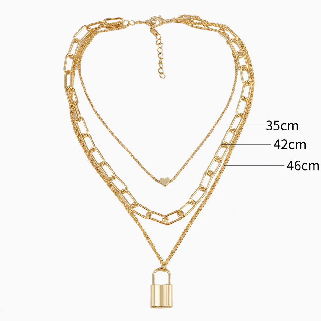 Gold Lock Pendant Chain-Link Layered Necklace - Gold - Image 2