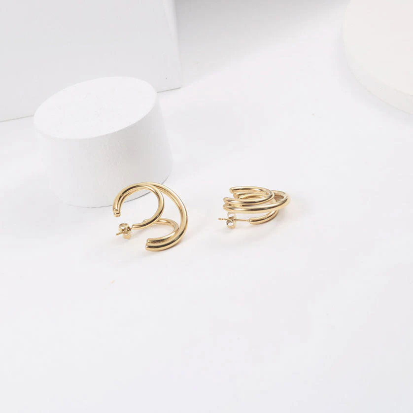 Glossy Gold Tone Plated Triple Circle Double Hoop Earrings - Gold - Image 3