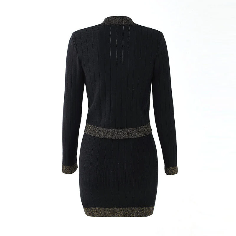 Gold Tone Trim Button Detail V Neck Long Sleeve Fitted Knit Matching Set - Black - Image 4