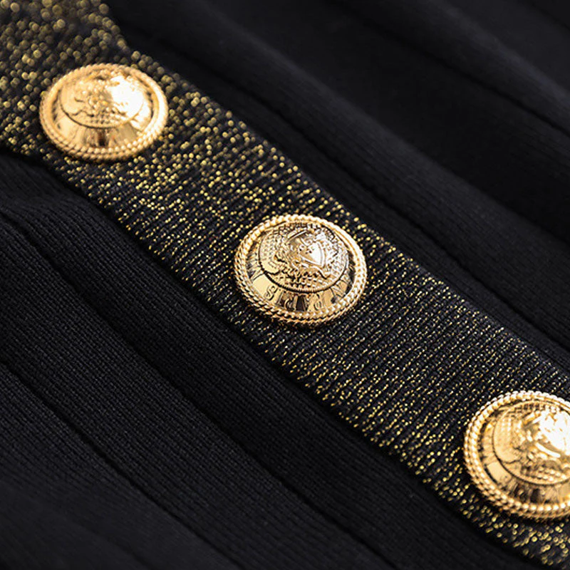 Gold Tone Trim Button Detail V Neck Long Sleeve Fitted Knit Matching Set - Black - Image 5