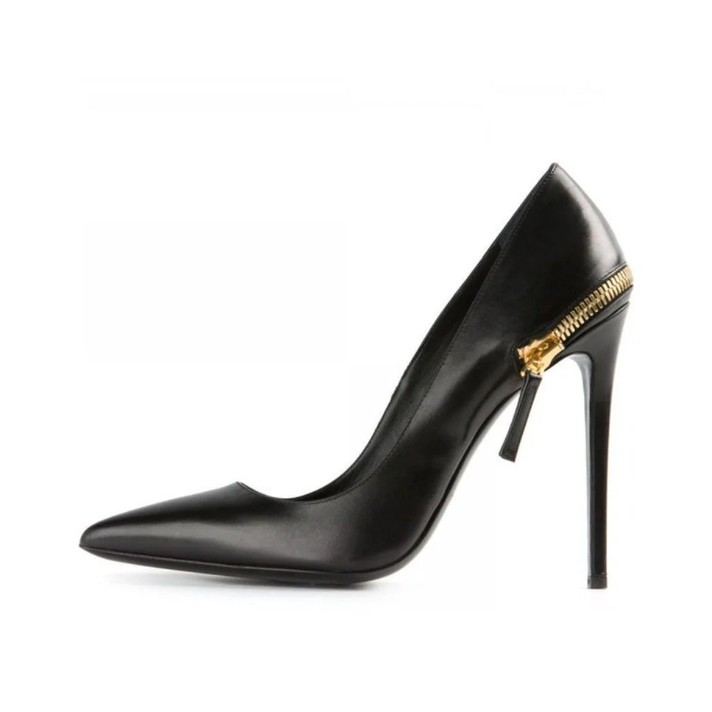 Gold Zipper Detail Faux Leather Pointed Toe Stiletto Pumps - Black - Image 2
