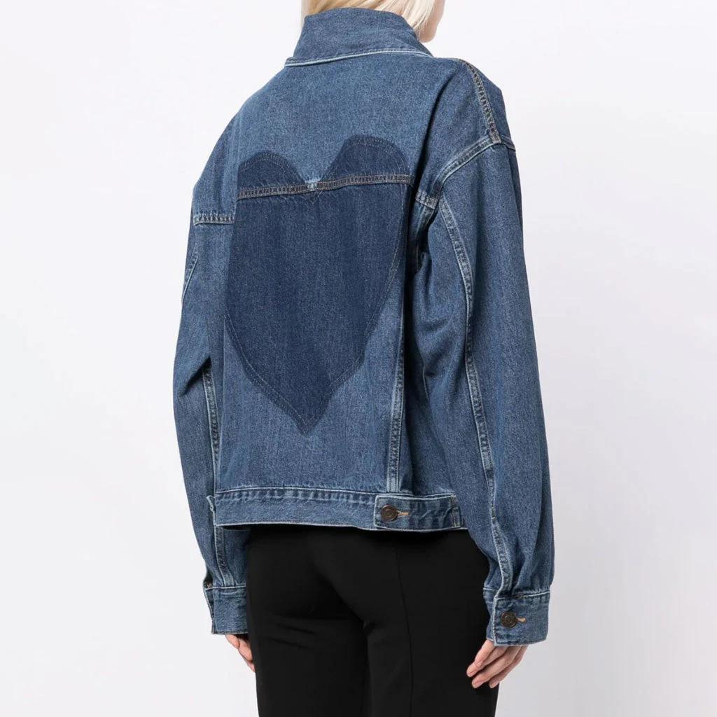 Golden FLower Corsage Contrast CutOut Heart Patchwork Button Up Denim Jacket - Image 2
