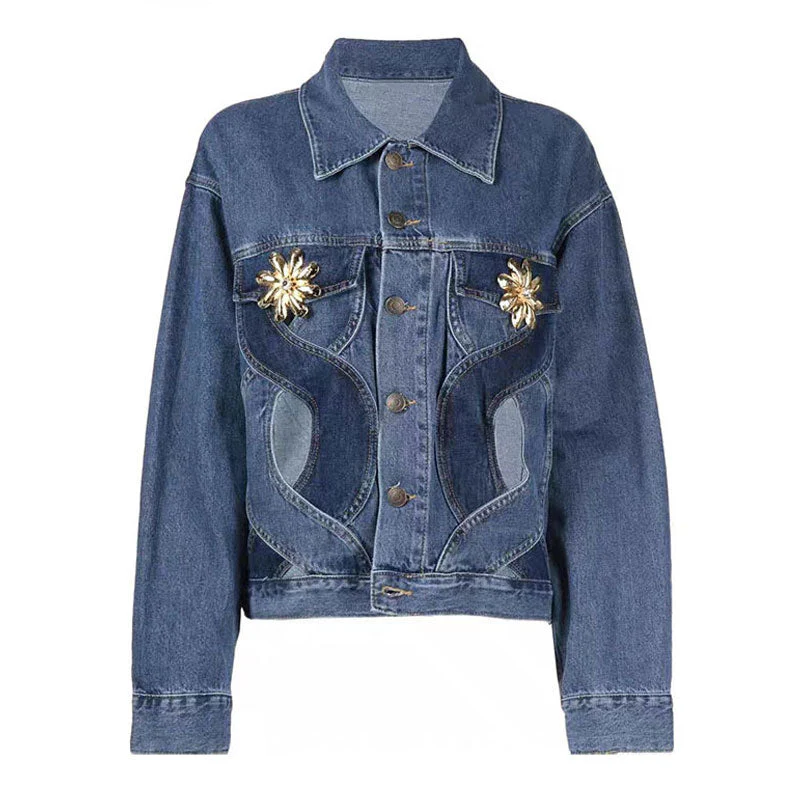 Golden FLower Corsage Contrast CutOut Heart Patchwork Button Up Denim Jacket - Image 3