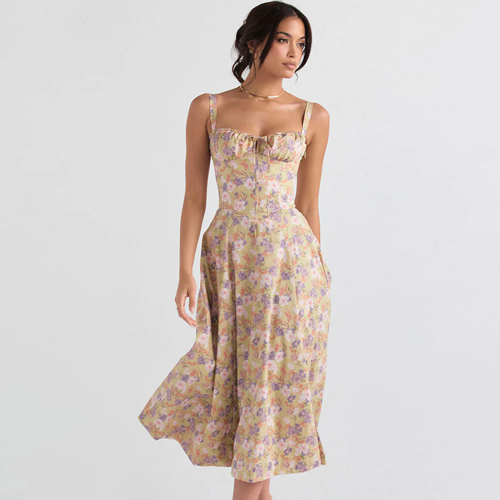 Gorgeous Floral Printed Lace Up Back Tie String Slit Midi Sundress - Green - Image 2