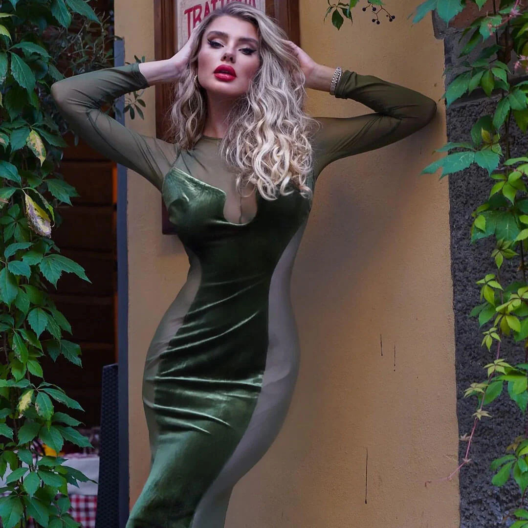Gorgeous Mesh Panel Velvet Mock Neck Long Sleeve Sheer Maxi Dress - Green - Image 2