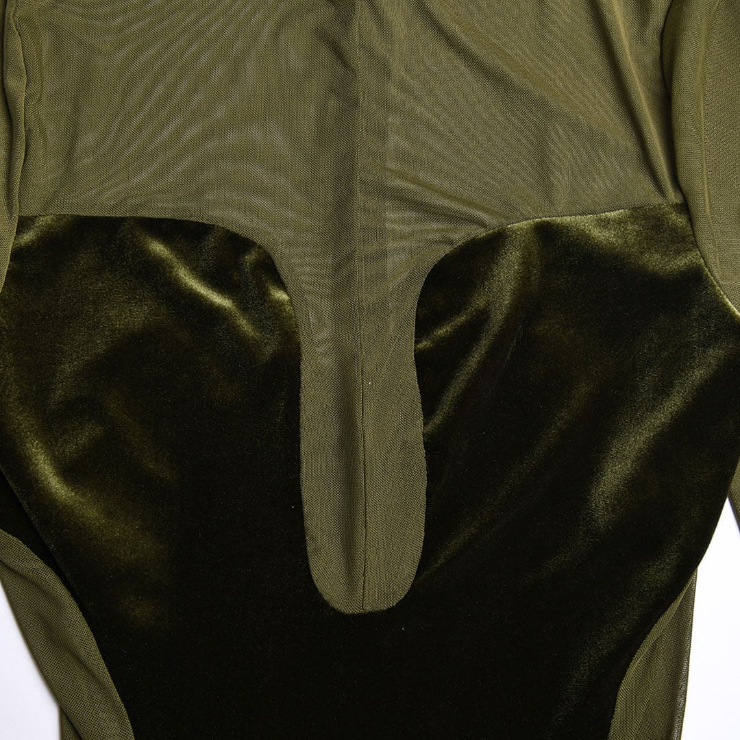 Gorgeous Mesh Panel Velvet Mock Neck Long Sleeve Sheer Maxi Dress - Green - Image 4