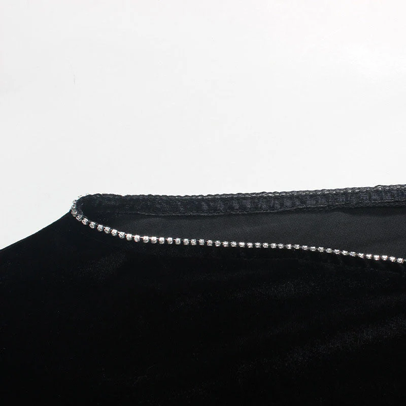 Gorgeous Rhinestone Trim High Split Boat Neck Long Sleeve Maxi Dress - Black - Image 3