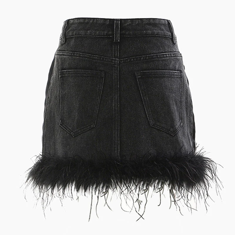 Gothic Glamour Faux Fur Hem High Waist Bodycon Mini Denim Skirt - Image 2