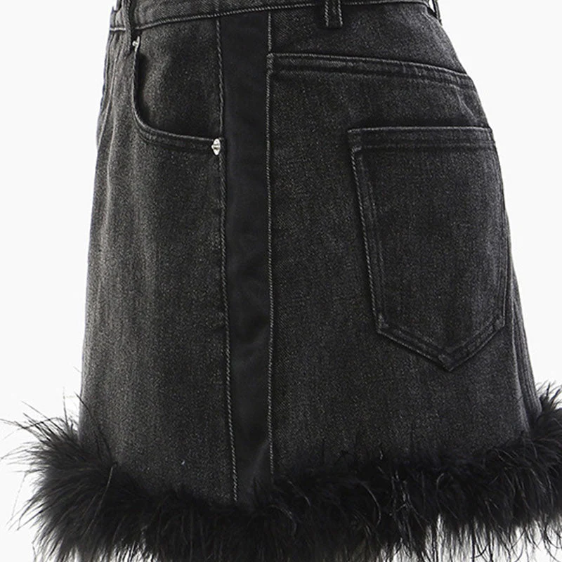 Gothic Glamour Faux Fur Hem High Waist Bodycon Mini Denim Skirt - Image 5