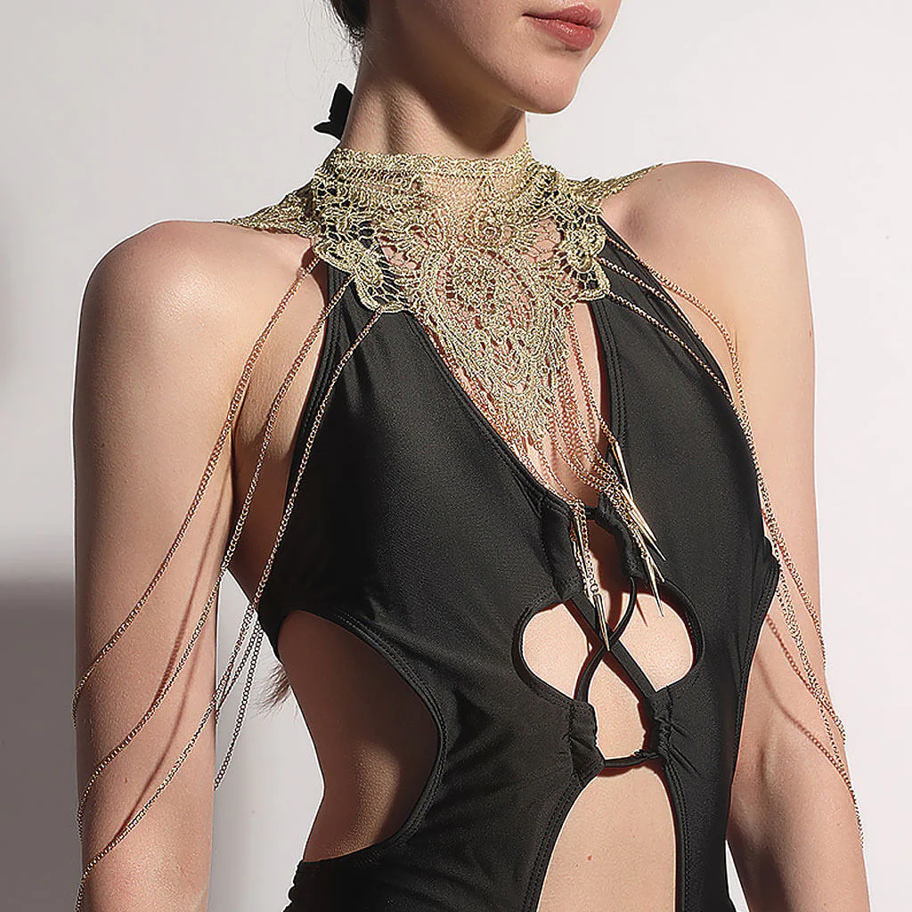 Gothic Multi Strand Crochet Floral Lace Fringe Bib Body Chain Neckline - Image 2