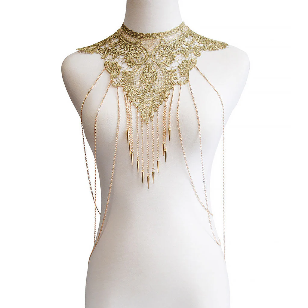 Gothic Multi Strand Crochet Floral Lace Fringe Bib Body Chain Neckline - Image 4