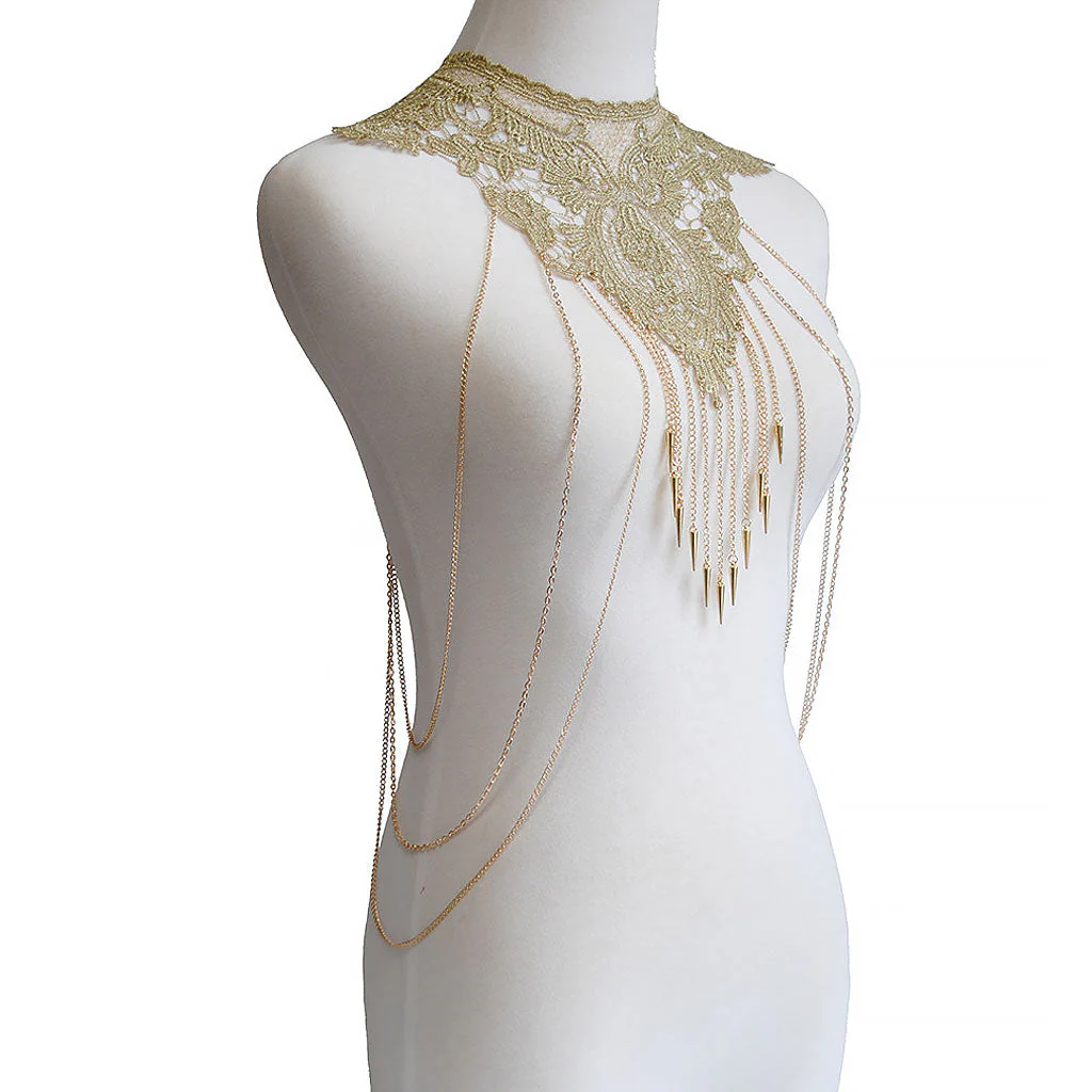 Gothic Multi Strand Crochet Floral Lace Fringe Bib Body Chain Neckline - Image 5