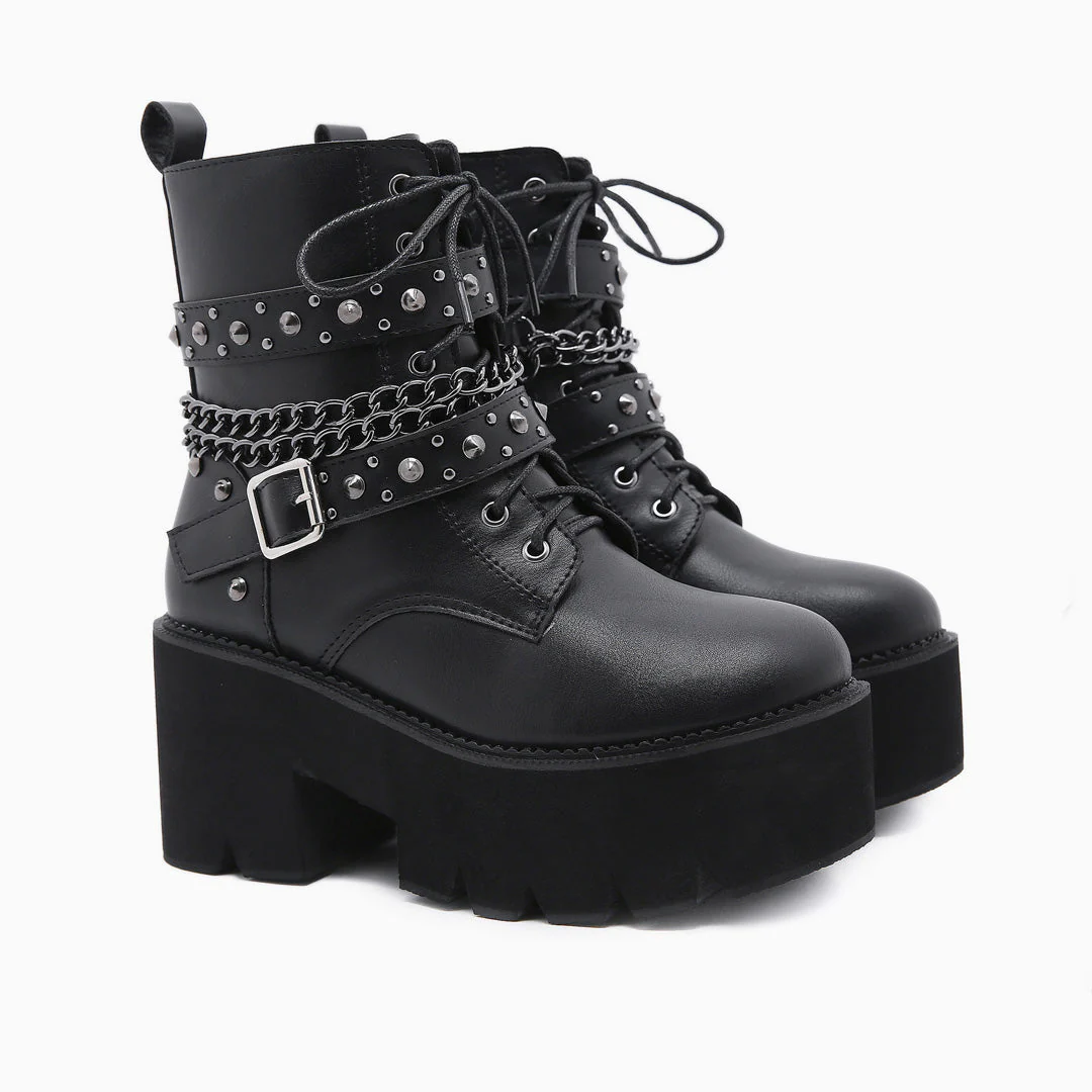 Gothic Punk Studs Buckle Strap Chain-Link Platform Boots - Black - Image 2