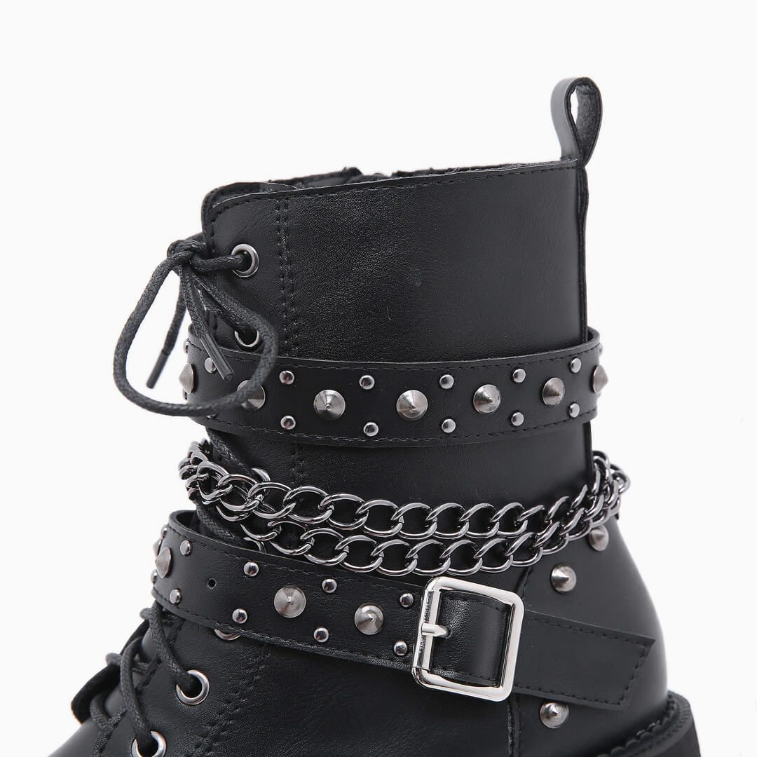 Gothic Punk Studs Buckle Strap Chain-Link Platform Boots - Black - Image 4