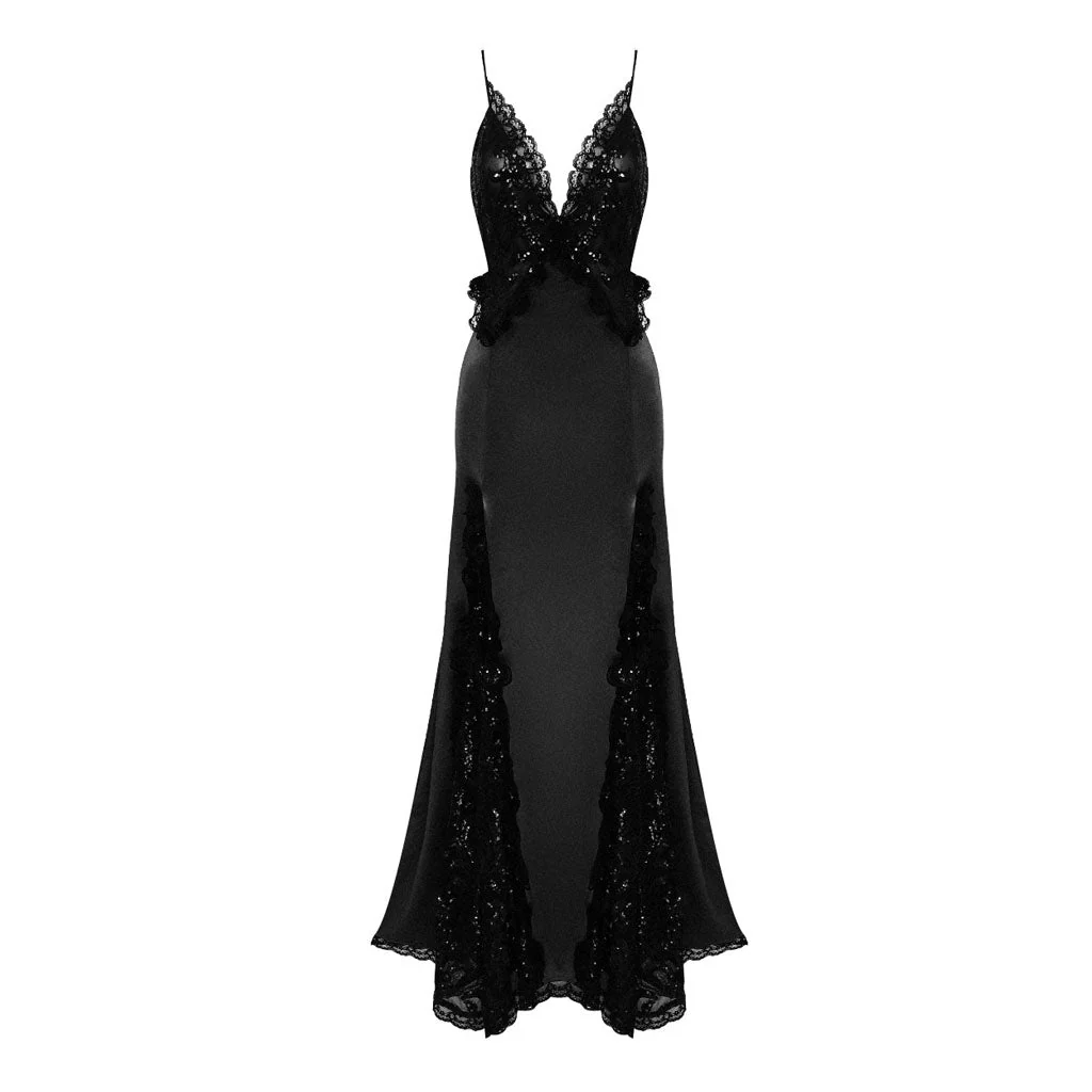 Gothic Queen Plunge Sequined Lace Panel Silky Satin Maxi Fishtail Evening Dress - Image 4