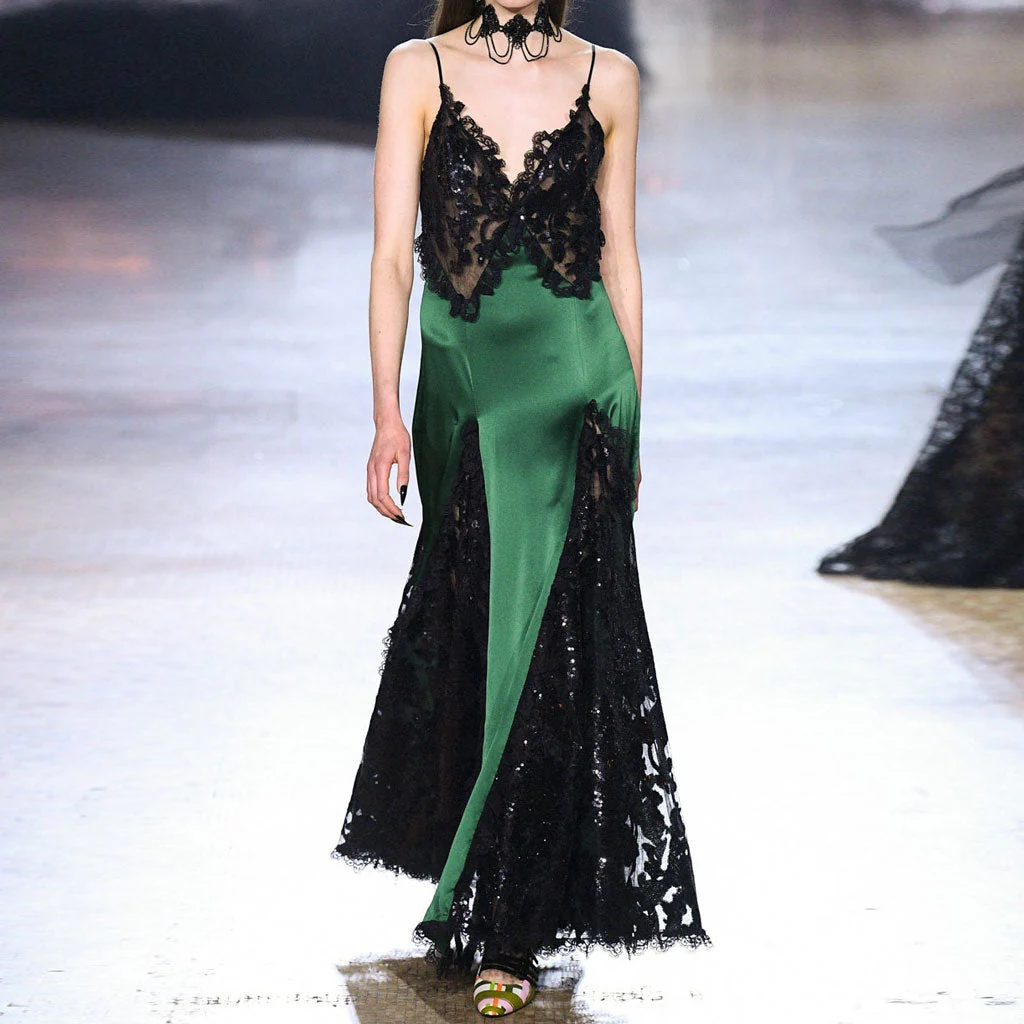 Gothic Queen Plunge Sequined Lace Panel Silky Satin Maxi Fishtail Evening Dress - Image 8