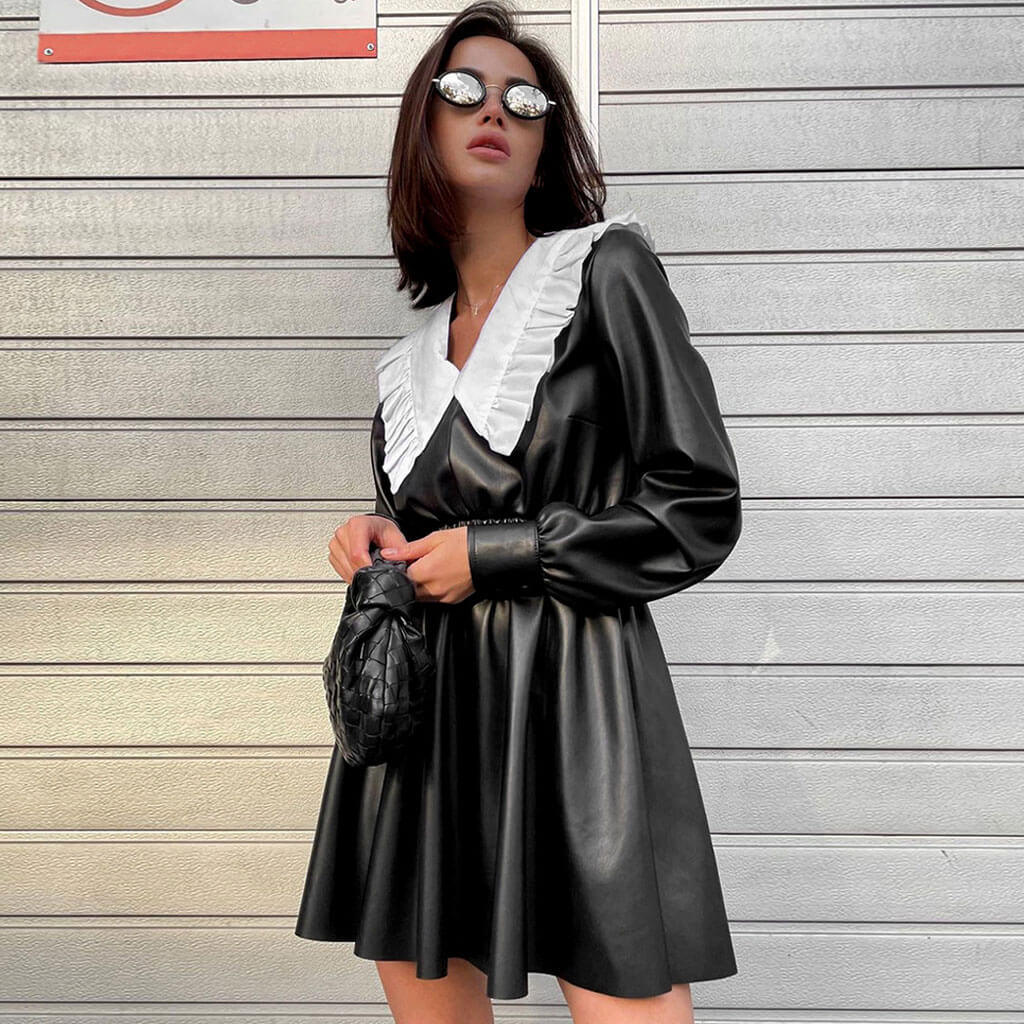 Gothic Style Peter Pan Long Sleeve Leather Mini Dress - Black - Image 2