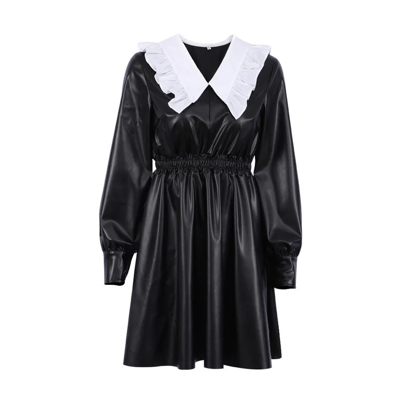 Gothic Style Peter Pan Long Sleeve Leather Mini Dress - Black - Image 3